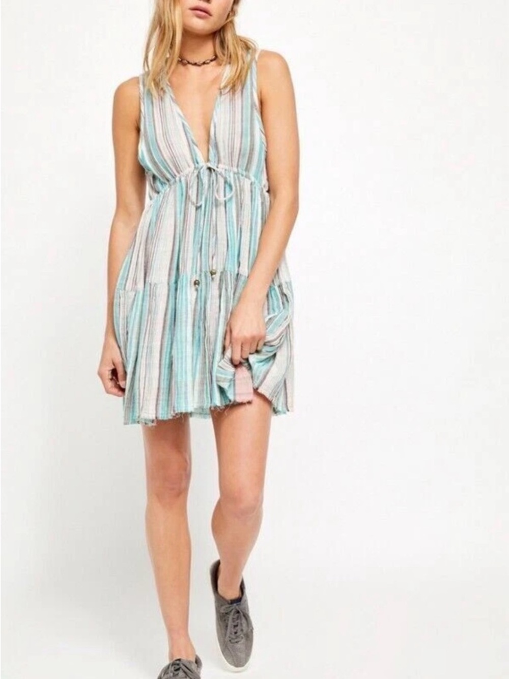 Free  People Freebird Striped Tiered Mini Dress — Size S — Teal/Pink Pastels